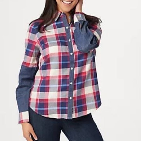 Denim&Co Tops - Denim & Co Button-Front Plaid Shirt with Denim Detail  8248
